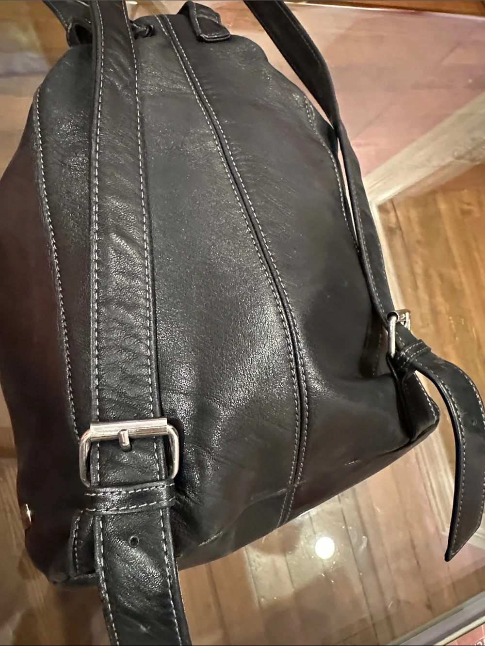 Tignanello Convertible Black Leather Backpack / Sling with Silver Hardware